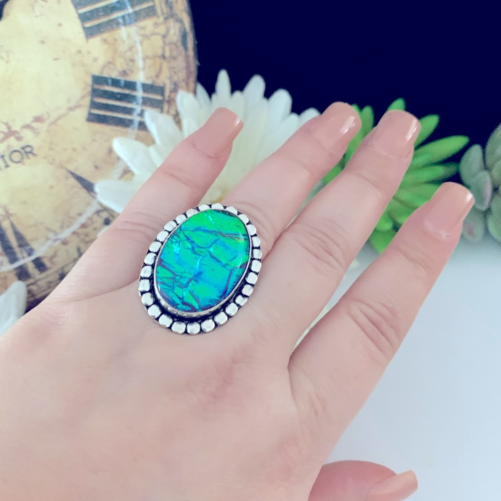 Dichroic Blue Green Glass Stone Sterling Silver Ring